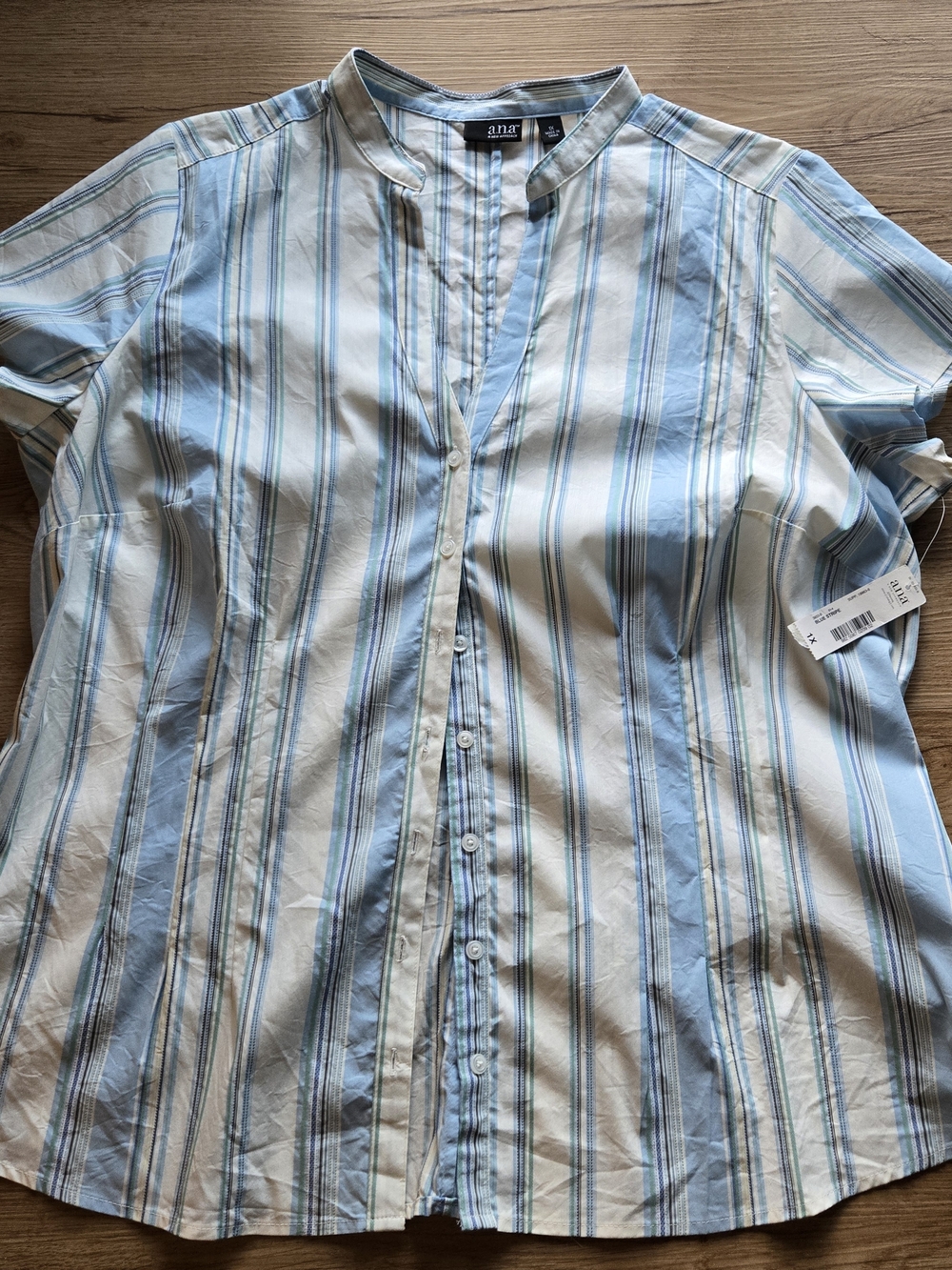 a.n.a Blue and White Striped Band-Collar Button Front Blouse 1X